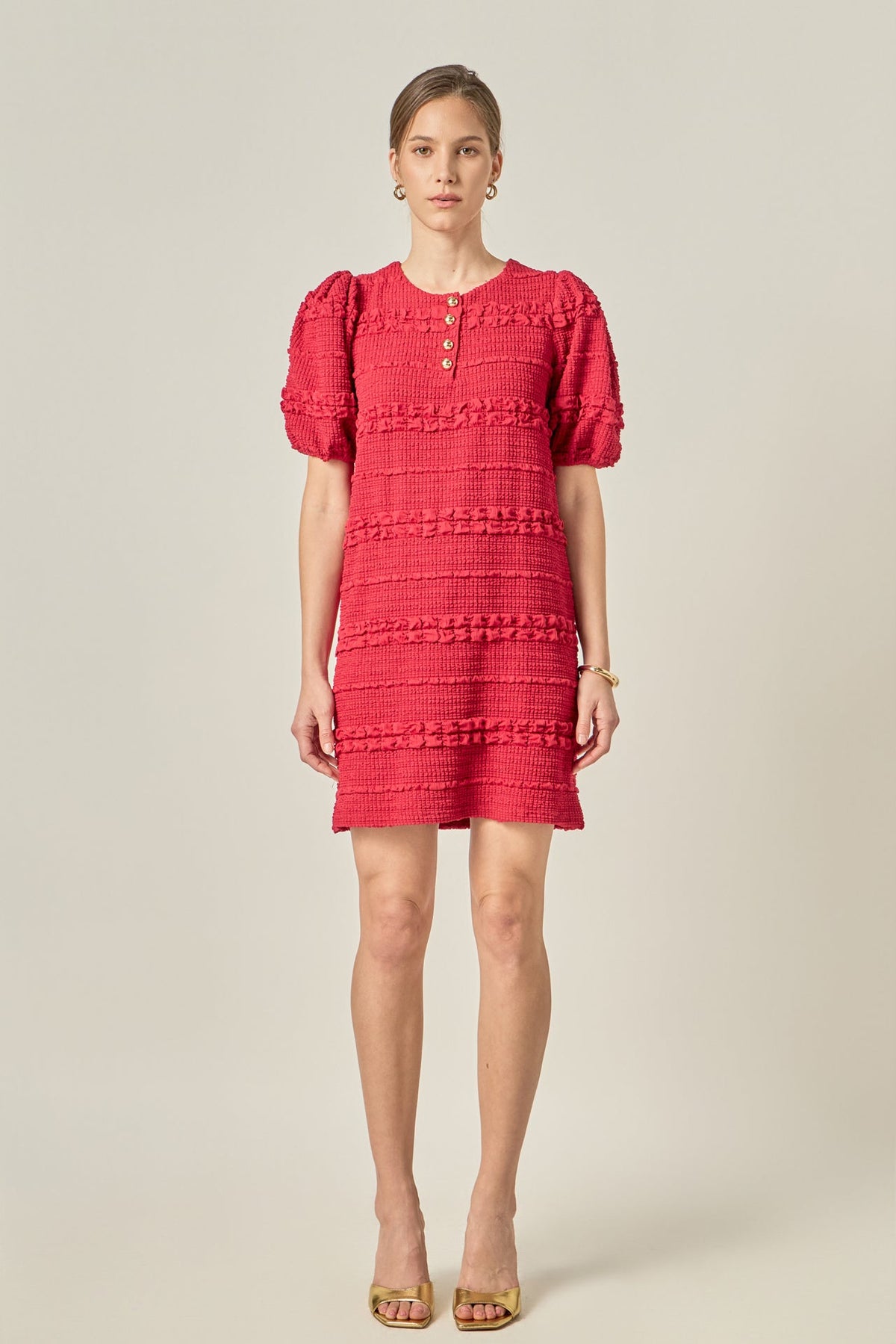 Round Neck Puff Sleeve Gold Button Smocked Mini Dress