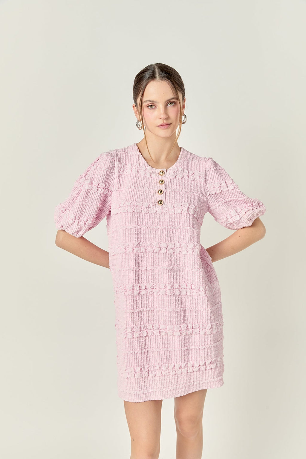 Round Neck Puff Sleeve Gold Button Smocked Mini Dress