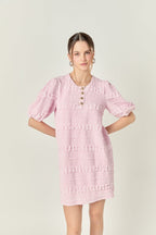 Round Neck Puff Sleeve Gold Button Smocked Mini Dress