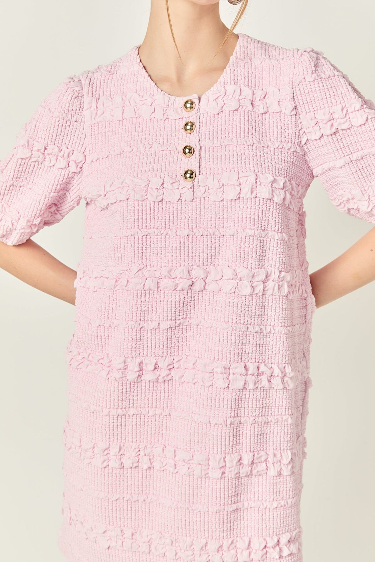 Round Neck Puff Sleeve Gold Button Smocked Mini Dress