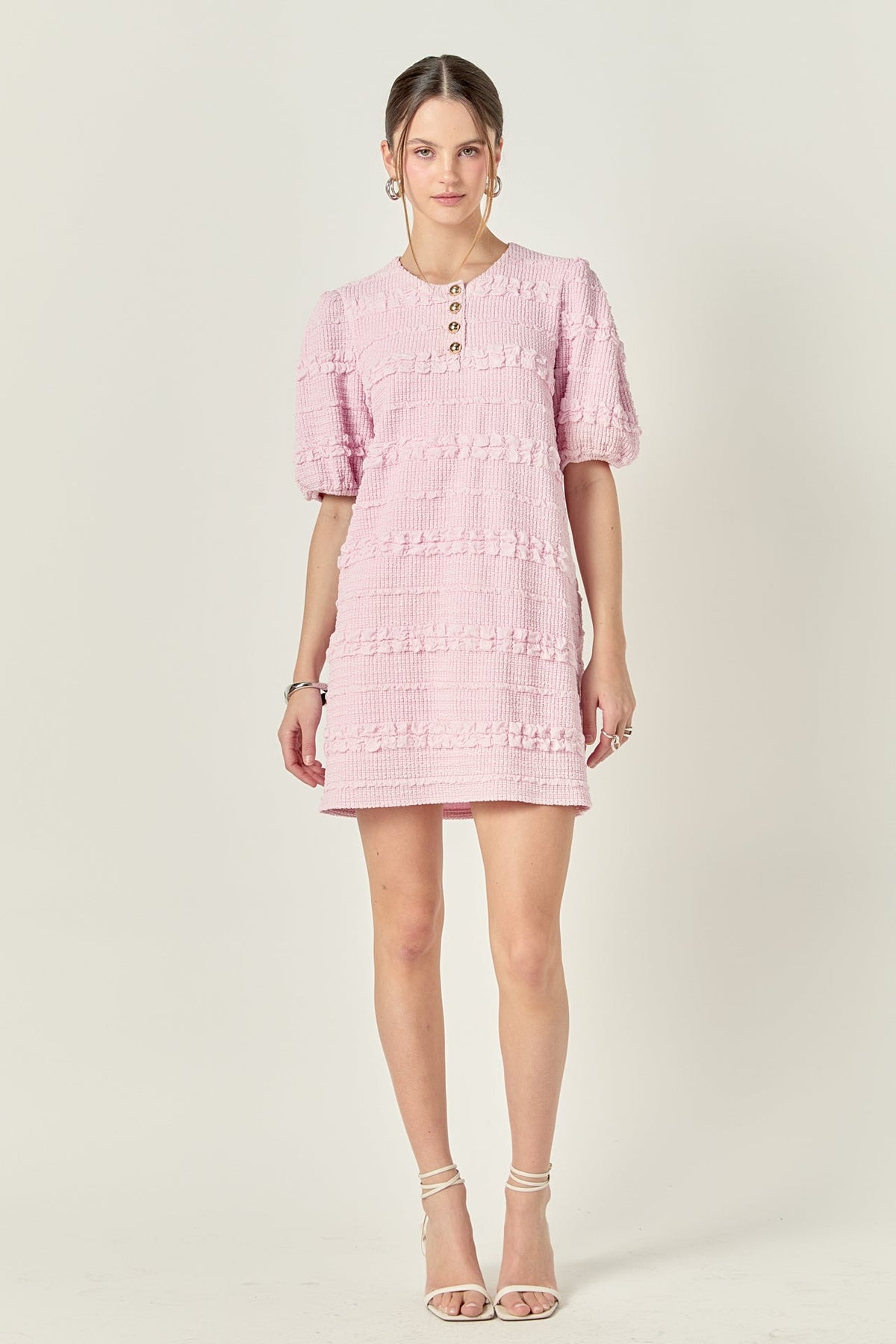 Round Neck Puff Sleeve Gold Button Smocked Mini Dress