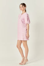 Round Neck Puff Sleeve Gold Button Smocked Mini Dress