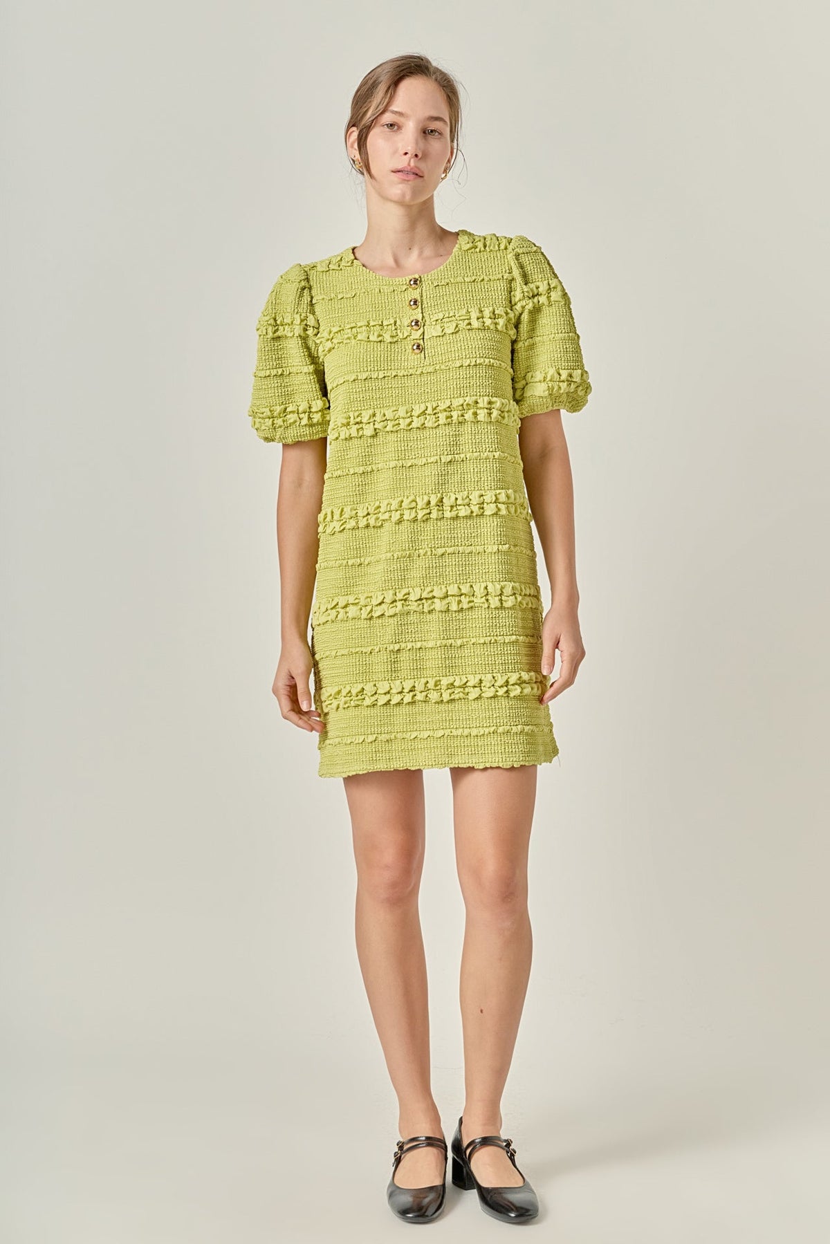 Round Neck Puff Sleeve Gold Button Smocked Mini Dress