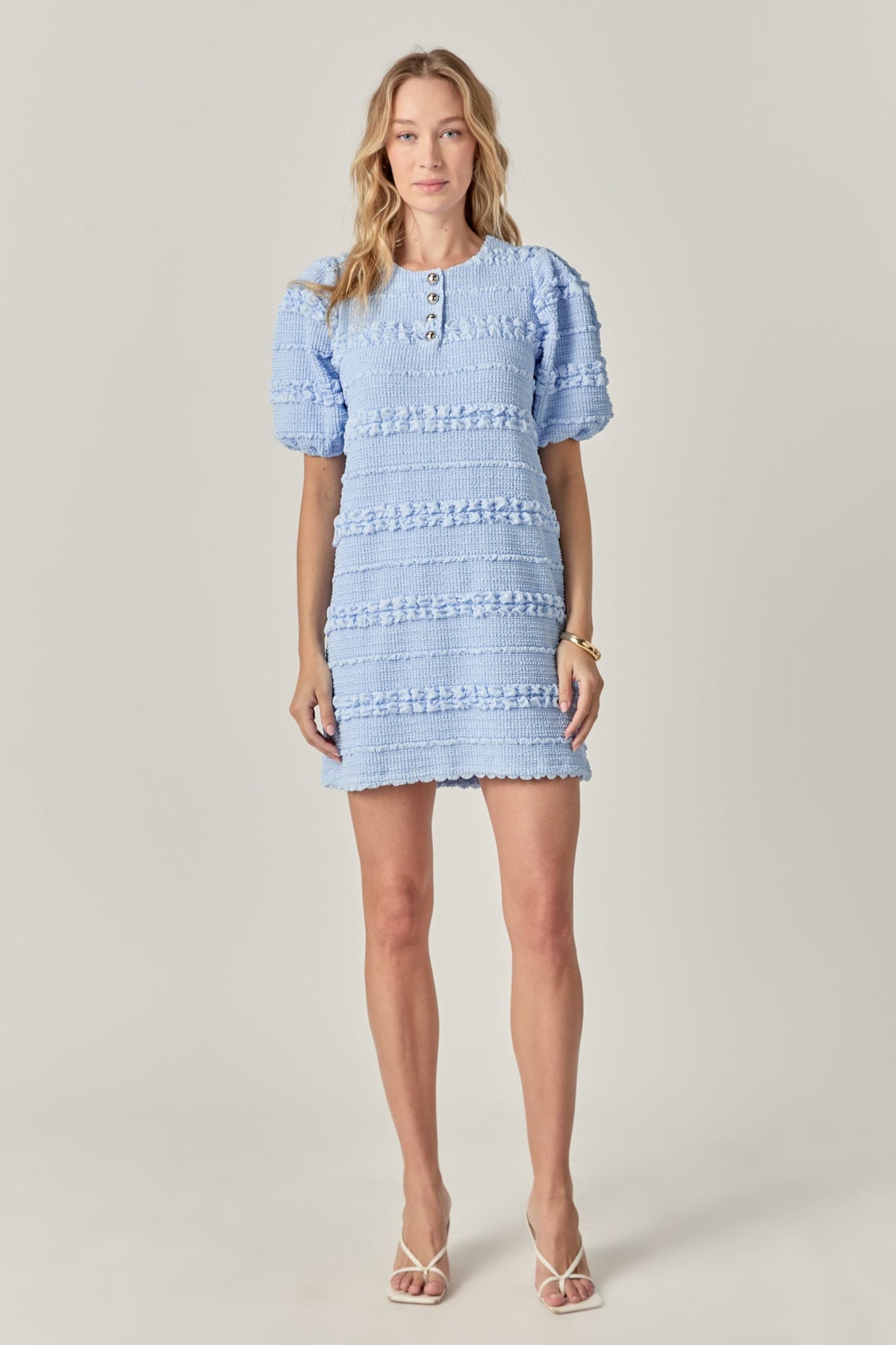 Round Neck Puff Sleeve Gold Button Smocked Mini Dress