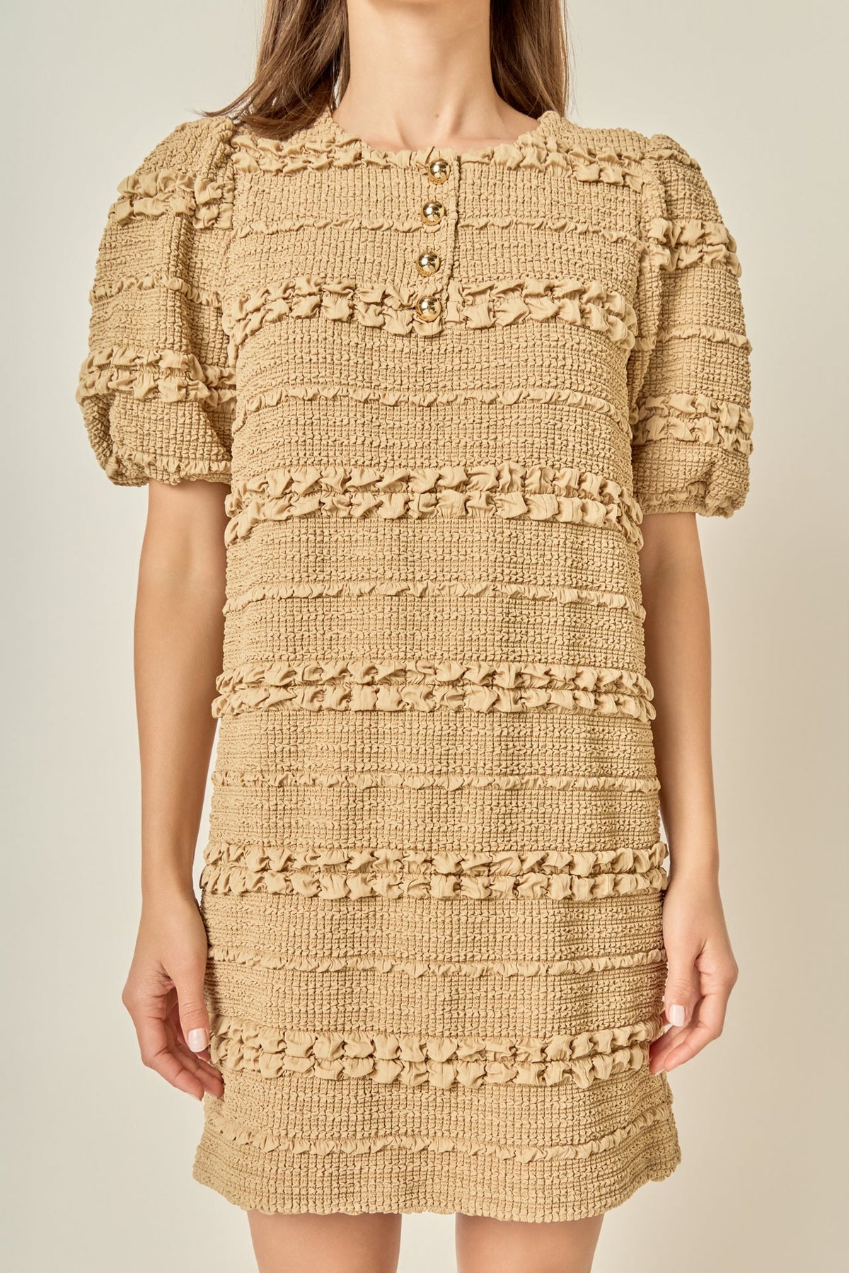 Round Neck Puff Sleeve Gold Button Smocked Mini Dress