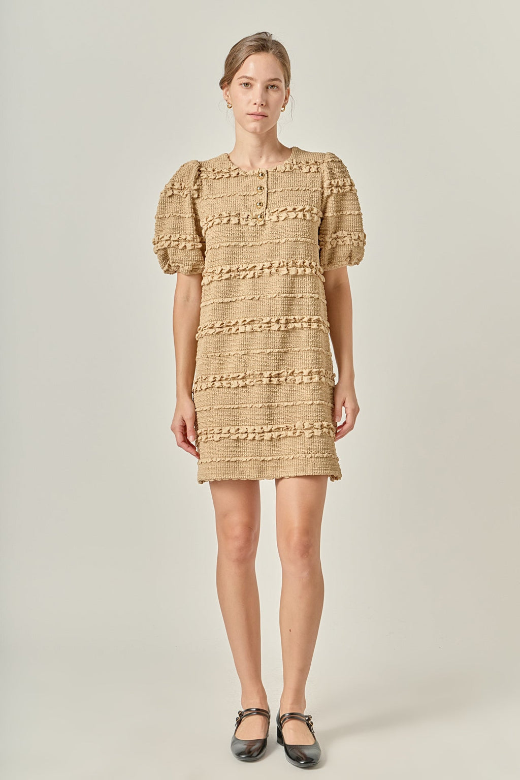 Round Neck Puff Sleeve Gold Button Smocked Mini Dress