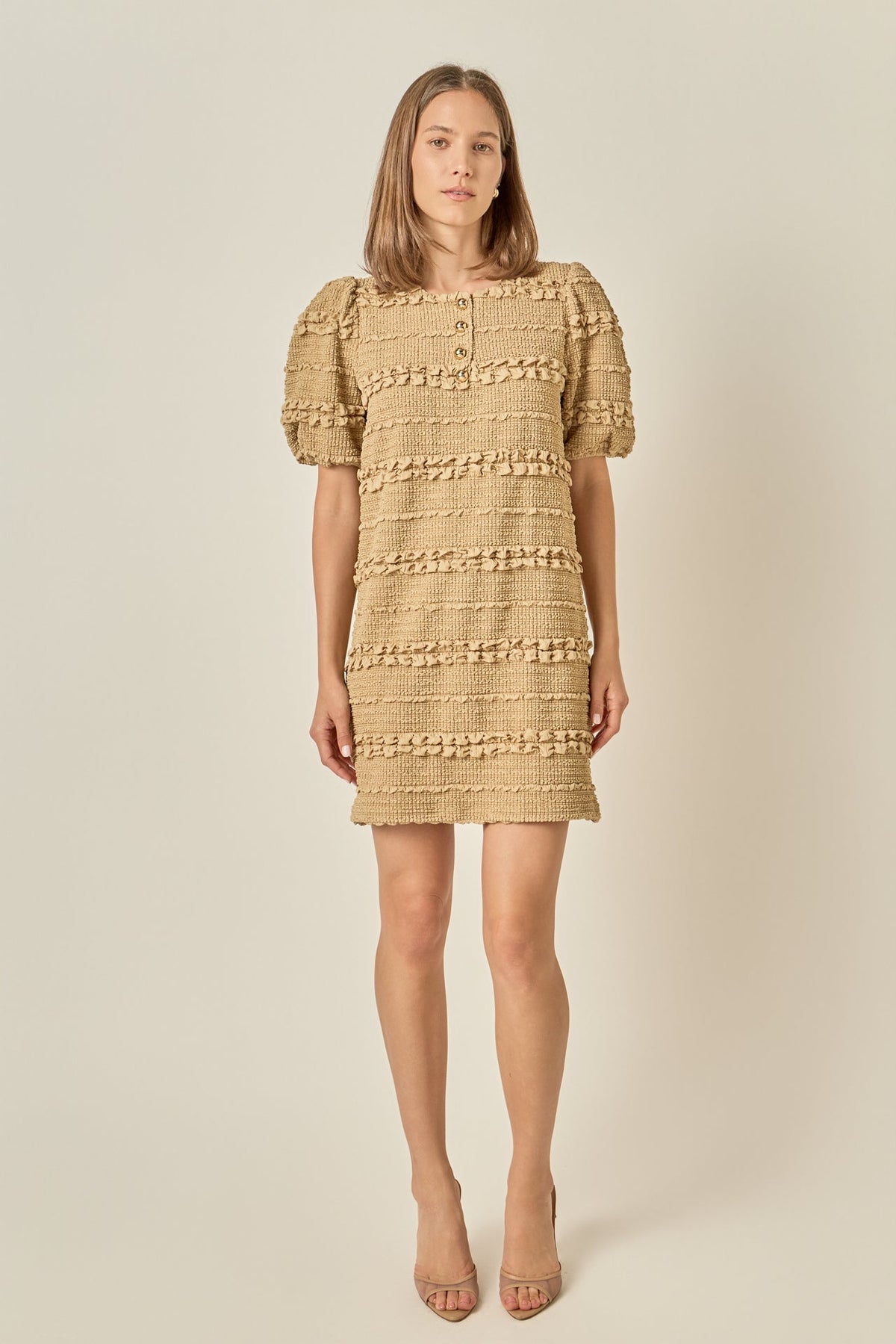 Round Neck Puff Sleeve Gold Button Smocked Mini Dress
