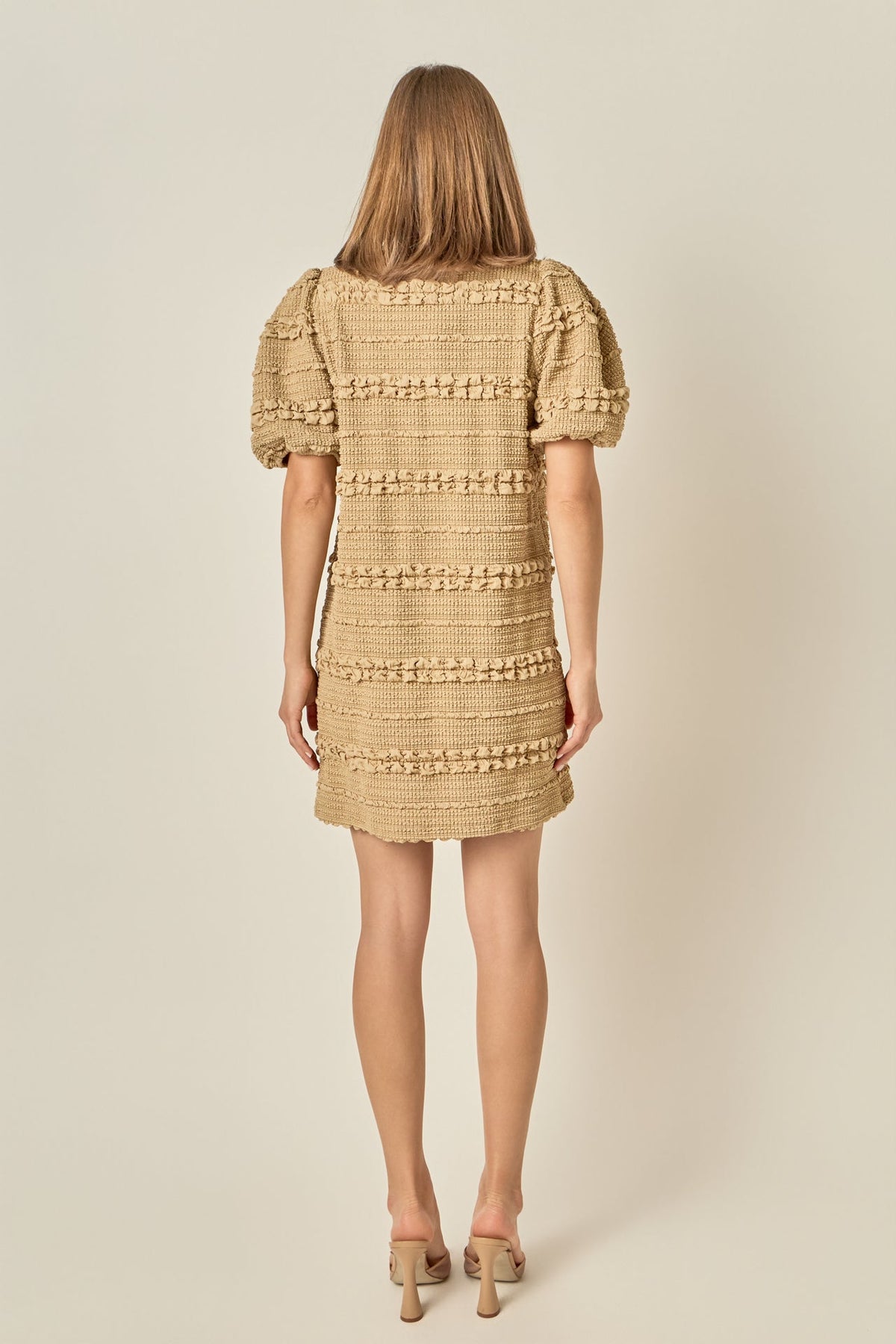 Round Neck Puff Sleeve Gold Button Smocked Mini Dress