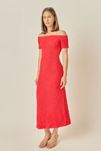 Ärmelloses Midikleid aus Bouclé-Strick mit Off-Shoulder und taillierter Passform