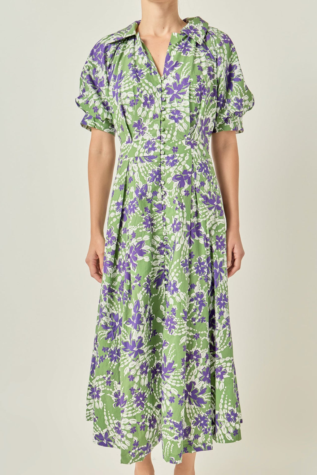 Floral Print Collared V-Neck Puff Sleeve Cotton Midi Dress