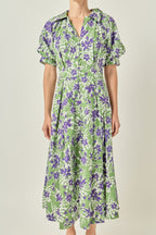 Floral Print Collared V-Neck Puff Sleeve Cotton Midi Dress