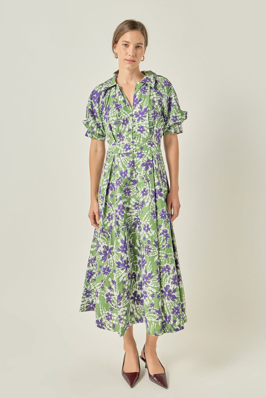 Floral Print Collared V-Neck Puff Sleeve Cotton Midi Dress