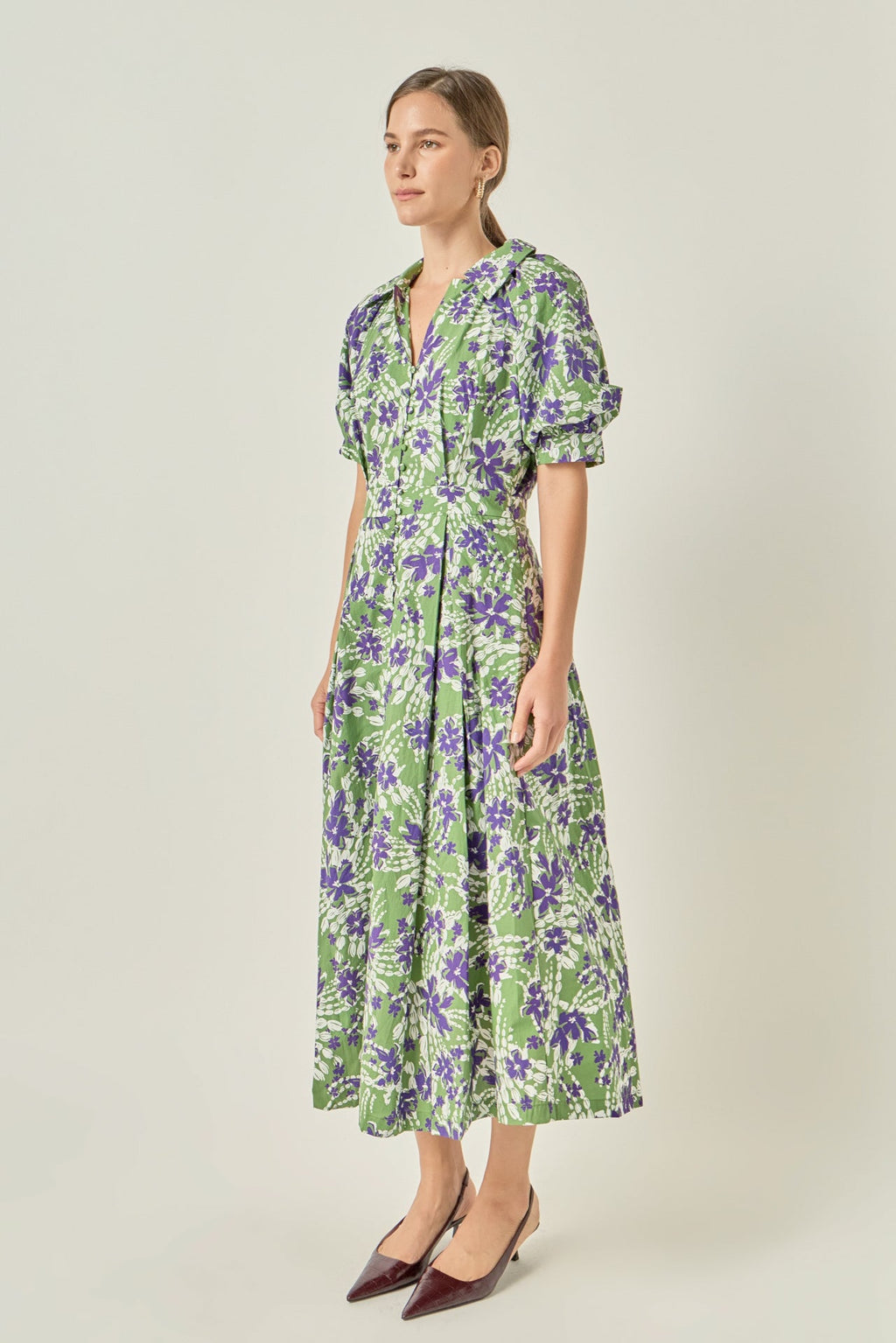 Floral Print Collared V-Neck Puff Sleeve Cotton Midi Dress