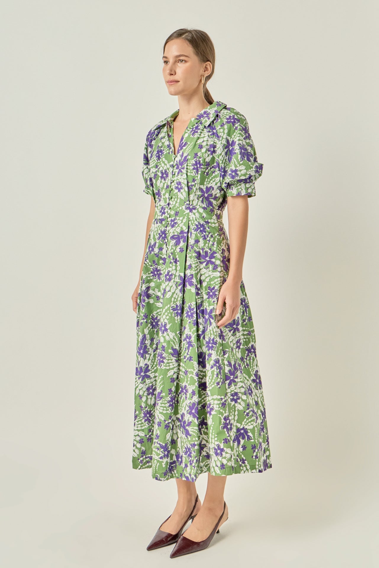 Floral Print Collared V-Neck Puff Sleeve Cotton Midi Dress