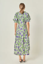 Floral Print Collared V-Neck Puff Sleeve Cotton Midi Dress