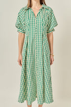 Midi-Kleid mit Bubikragen, V-Ausschnitt, Puffärmeln und Vichy-Karo