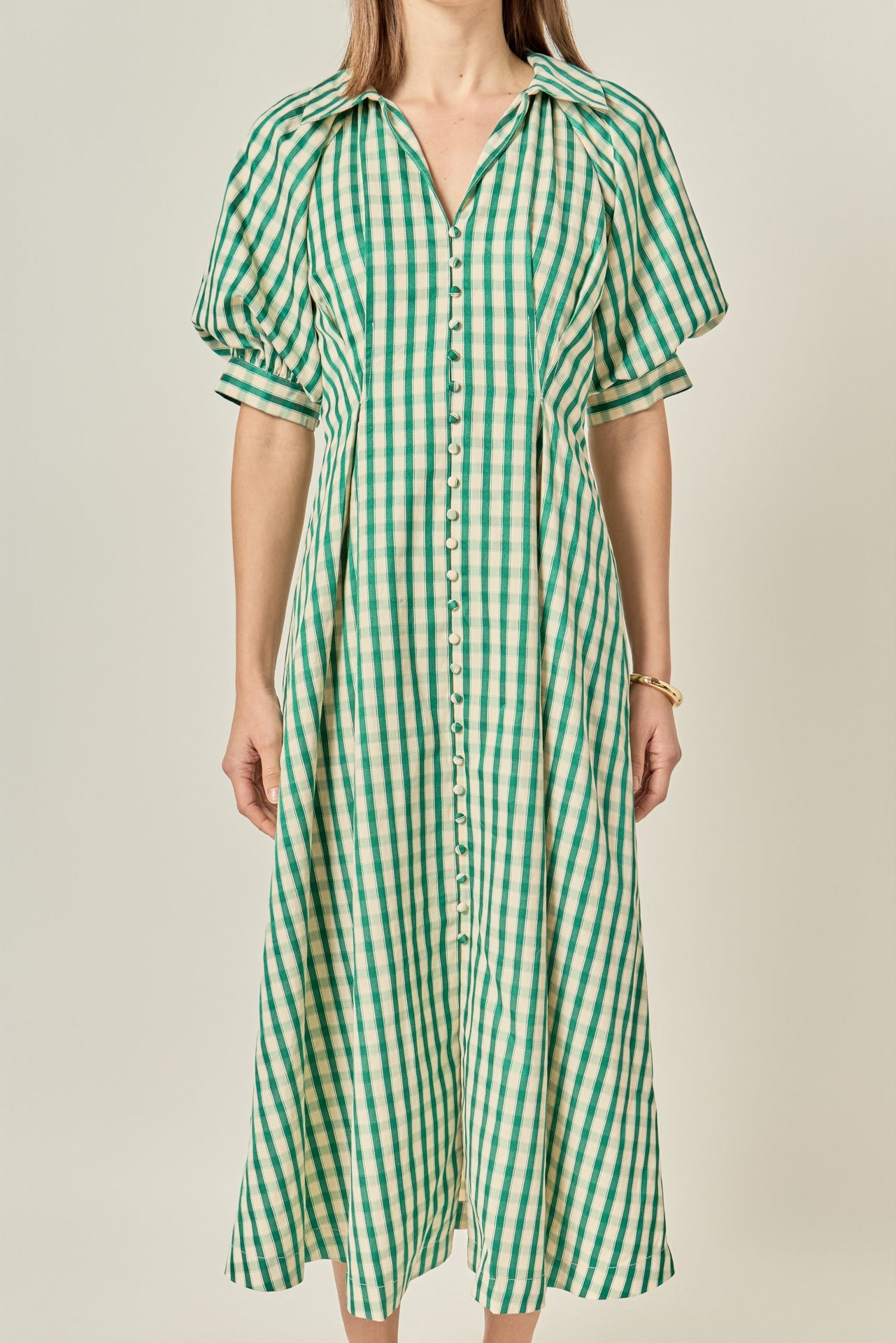Gingham Check Collared V-Neck Puff Sleeve Midi Dress