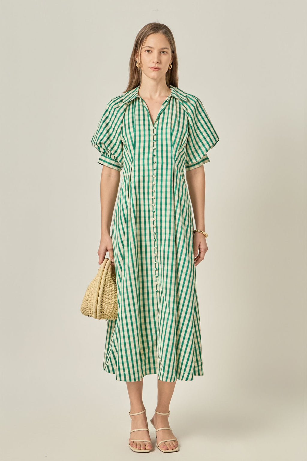 Midi-Kleid mit Bubikragen, V-Ausschnitt, Puffärmeln und Vichy-Karo