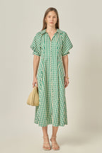 Midi-Kleid mit Bubikragen, V-Ausschnitt, Puffärmeln und Vichy-Karo