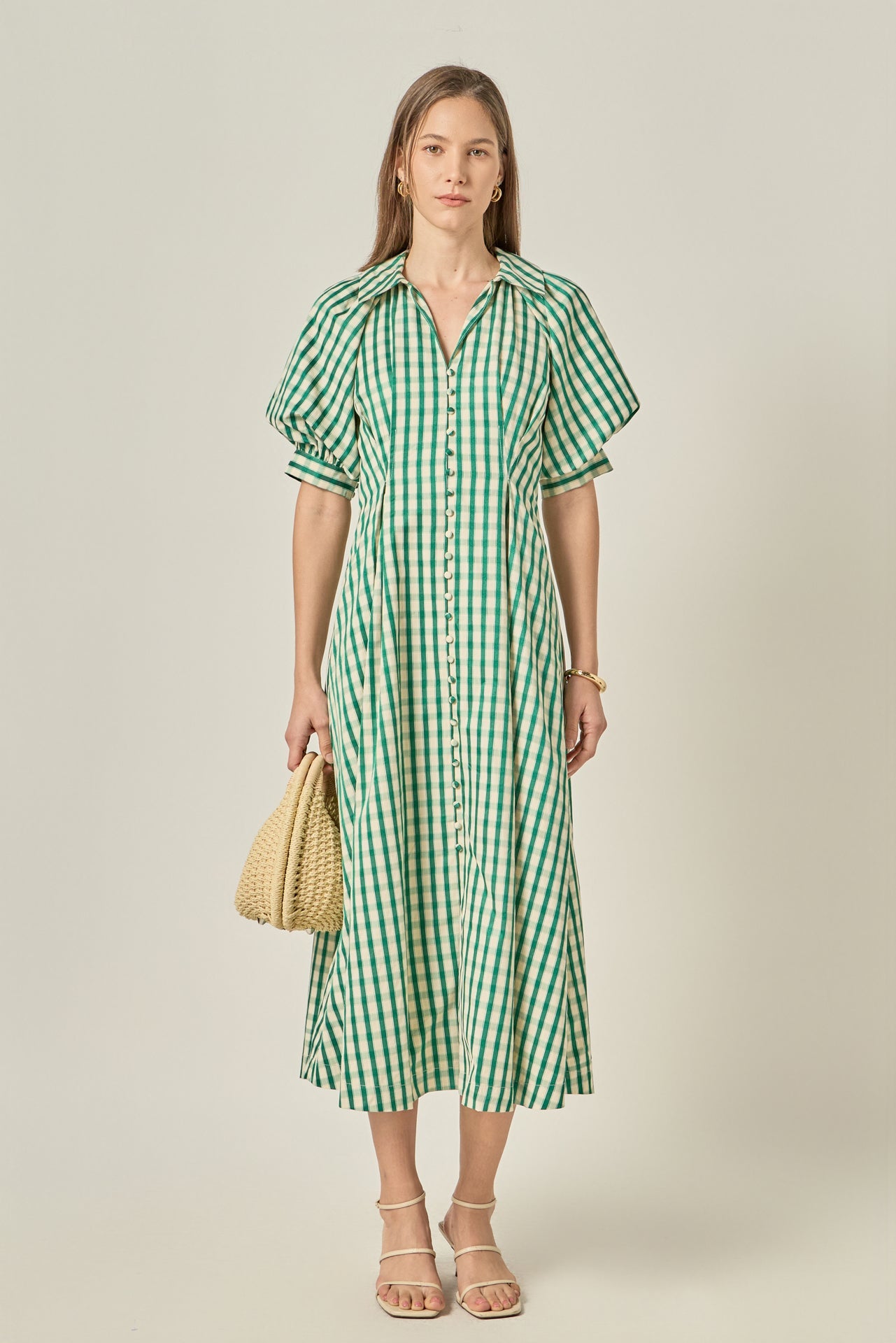 Gingham Check Collared V-Neck Puff Sleeve Midi Dress