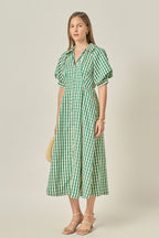Midi-Kleid mit Bubikragen, V-Ausschnitt, Puffärmeln und Vichy-Karo