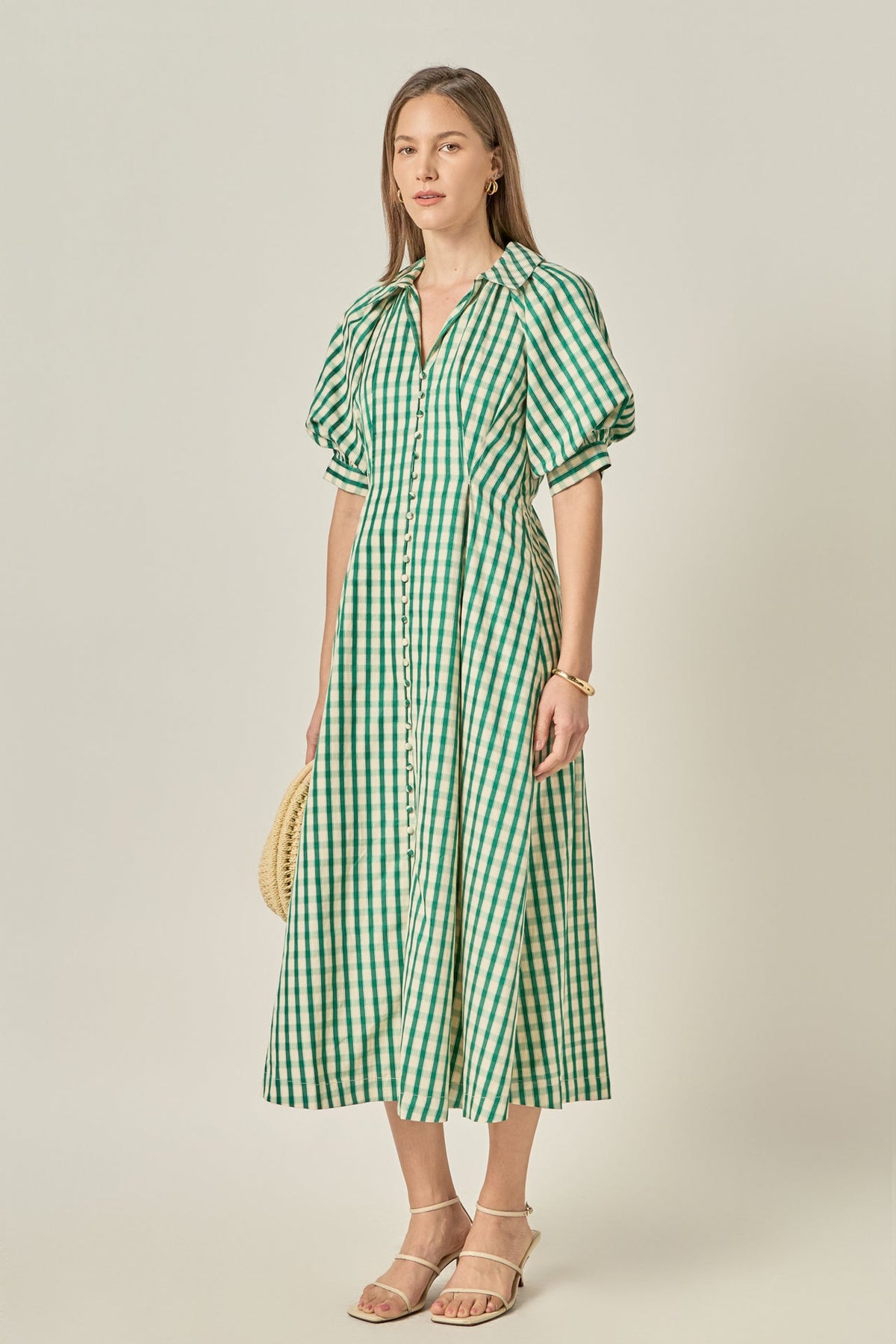 Midi-Kleid mit Bubikragen, V-Ausschnitt, Puffärmeln und Vichy-Karo