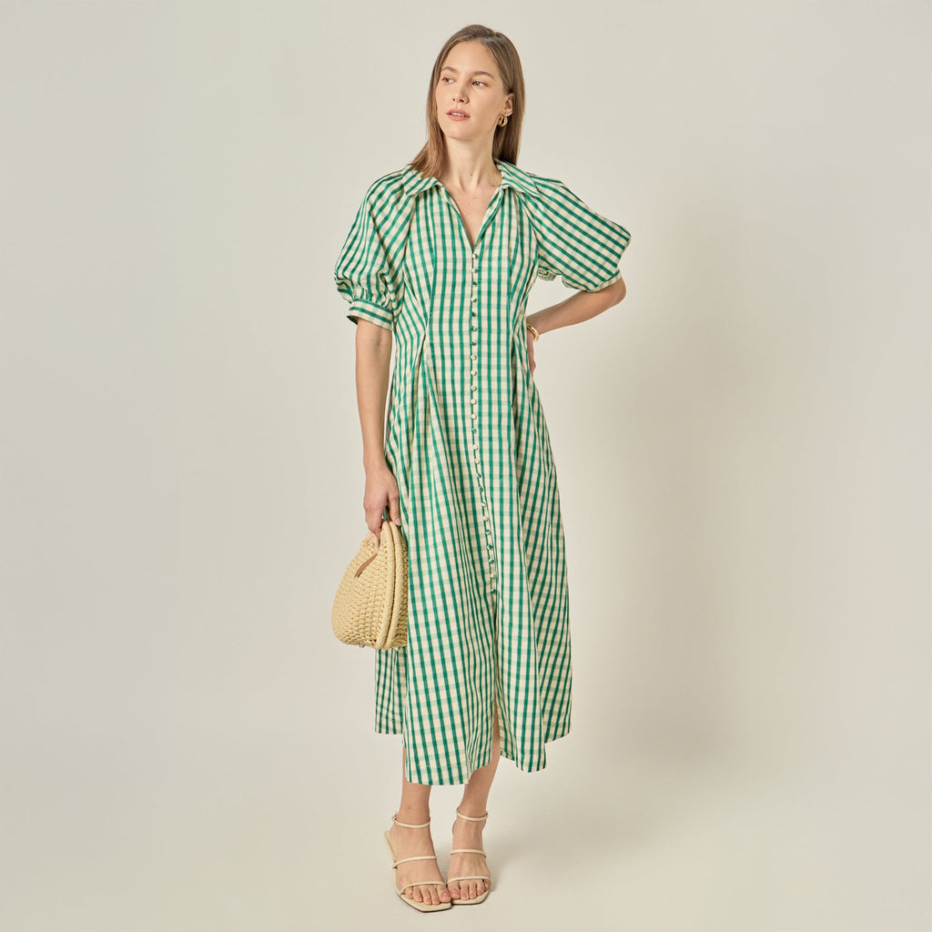 Midi-Kleid mit Bubikragen, V-Ausschnitt, Puffärmeln und Vichy-Karo