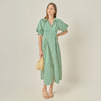 Midi-Kleid mit Bubikragen, V-Ausschnitt, Puffärmeln und Vichy-Karo