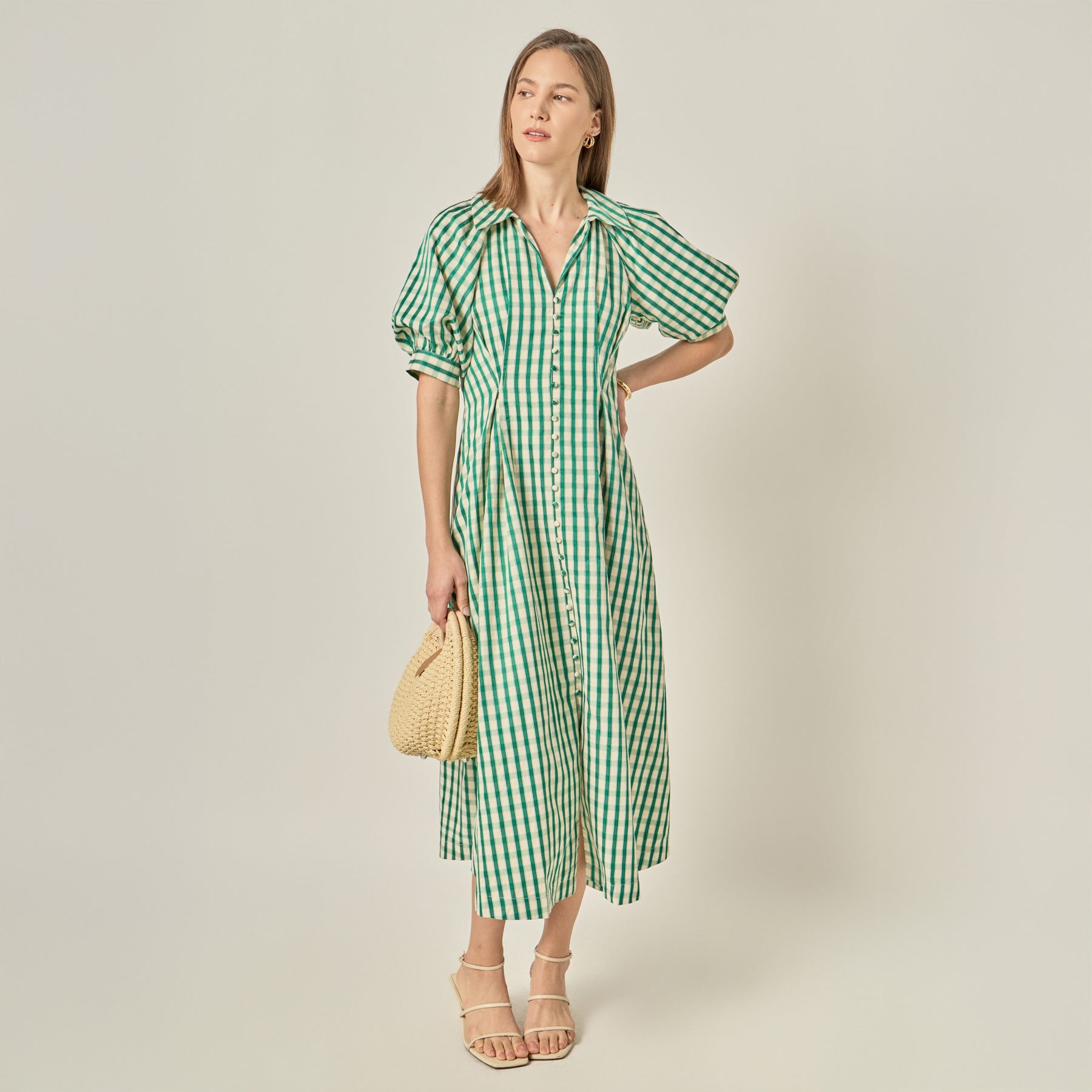 Gingham Check Collared V-Neck Puff Sleeve Midi Dress