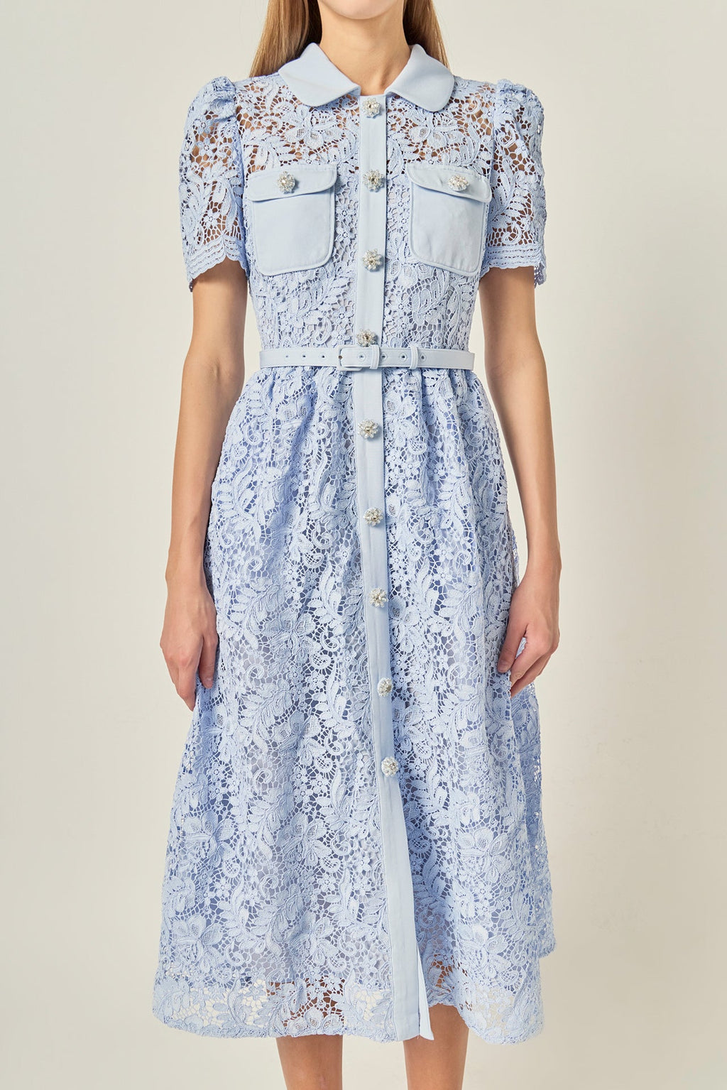 Floral Lace Overlay Collared Button-Front Belted Midi Dress