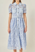Floral Lace Overlay Collared Button-Front Belted Midi Dress