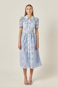 Floral Lace Overlay Collared Button-Front Belted Midi Dress
