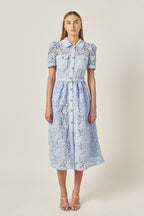 Floral Lace Overlay Collared Button-Front Belted Midi Dress