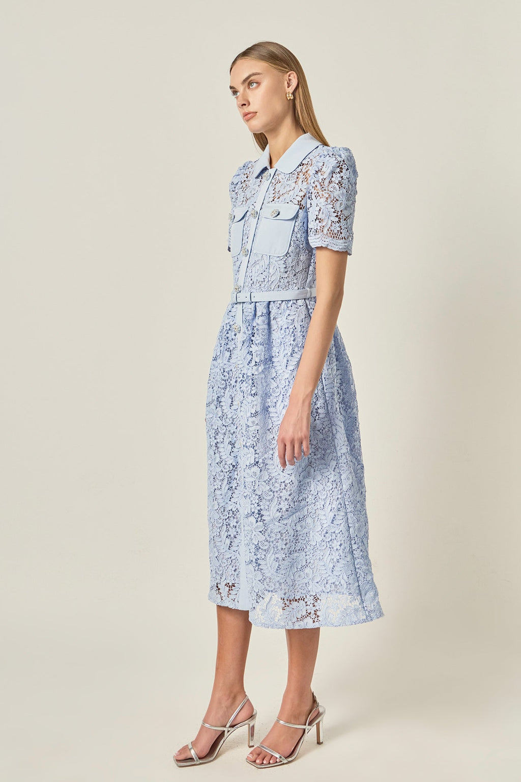 Floral Lace Overlay Collared Button-Front Belted Midi Dress