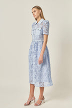 Floral Lace Overlay Collared Button-Front Belted Midi Dress