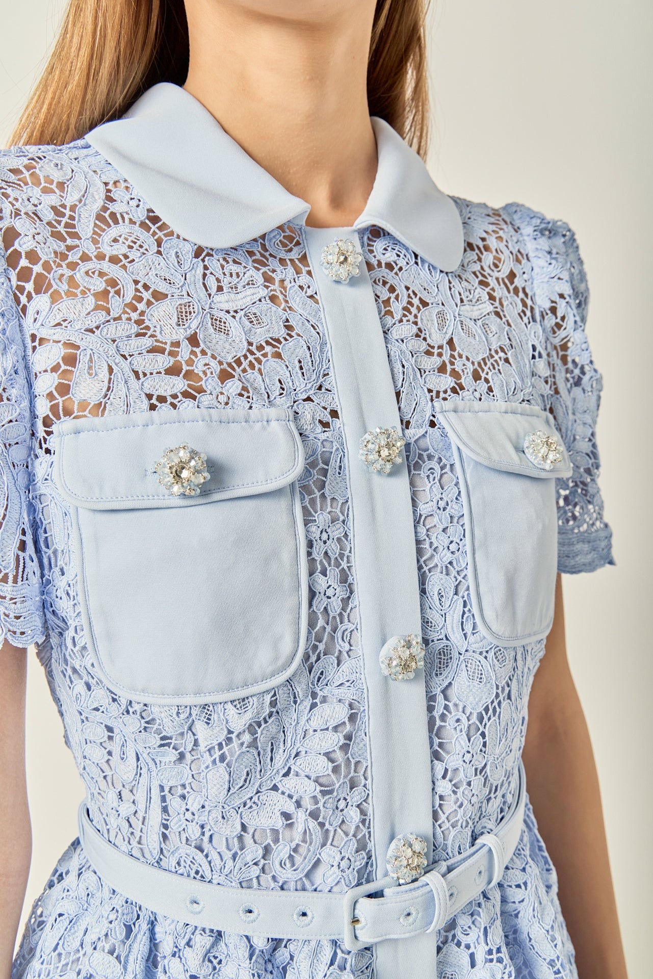 Floral Lace Overlay Collared Button-Front Belted Midi Dress