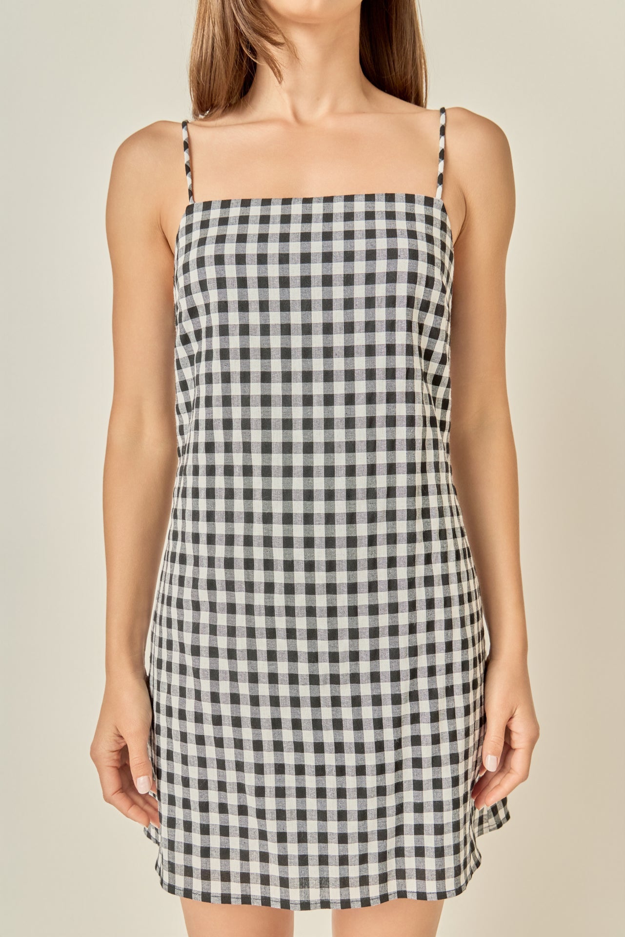 Black White Gingham Square Neck Spaghetti Strap Mini Dress