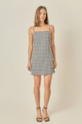 Black White Gingham Square Neck Spaghetti Strap Mini Dress