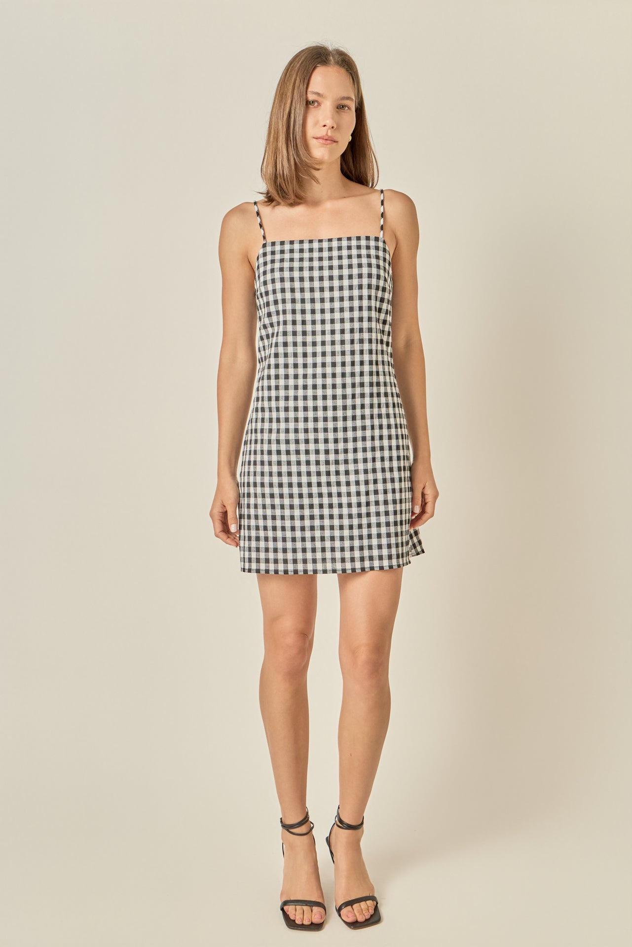 Black White Gingham Square Neck Spaghetti Strap Mini Dress