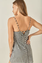 Black White Gingham Square Neck Spaghetti Strap Mini Dress