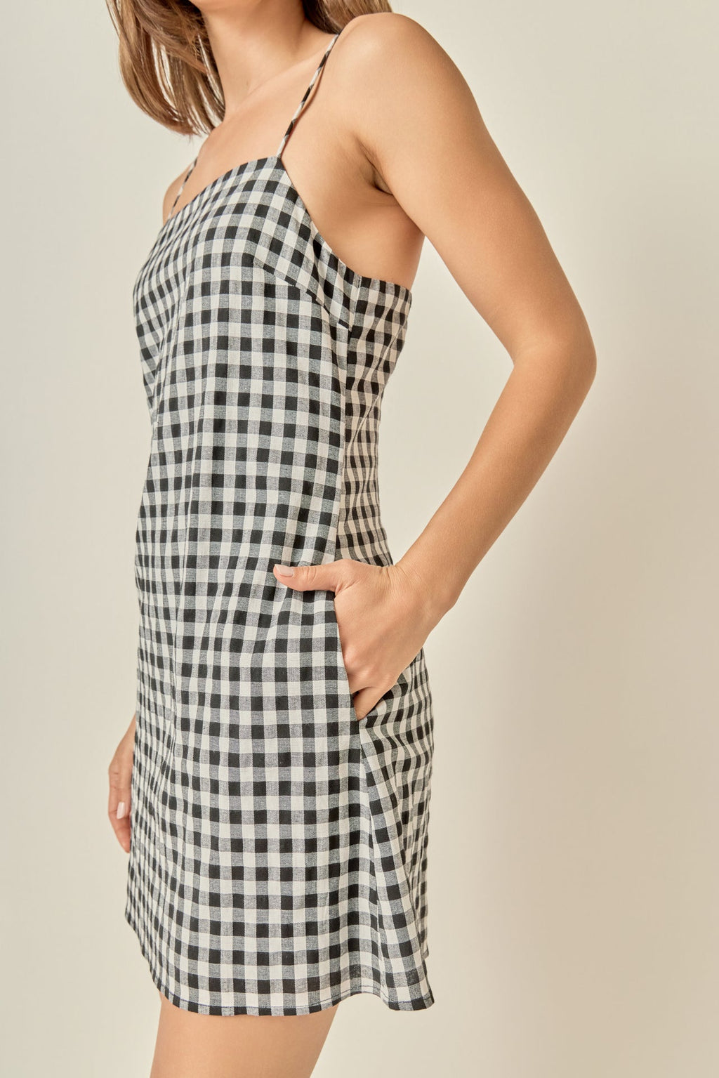 Black White Gingham Square Neck Spaghetti Strap Mini Dress